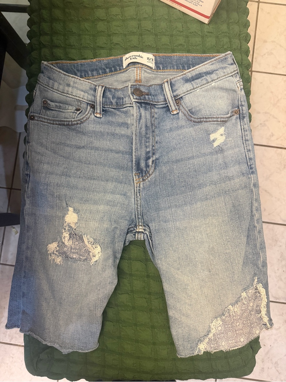 abercrombie kids Light Wash Distressed Denim Shorts with Patch Details